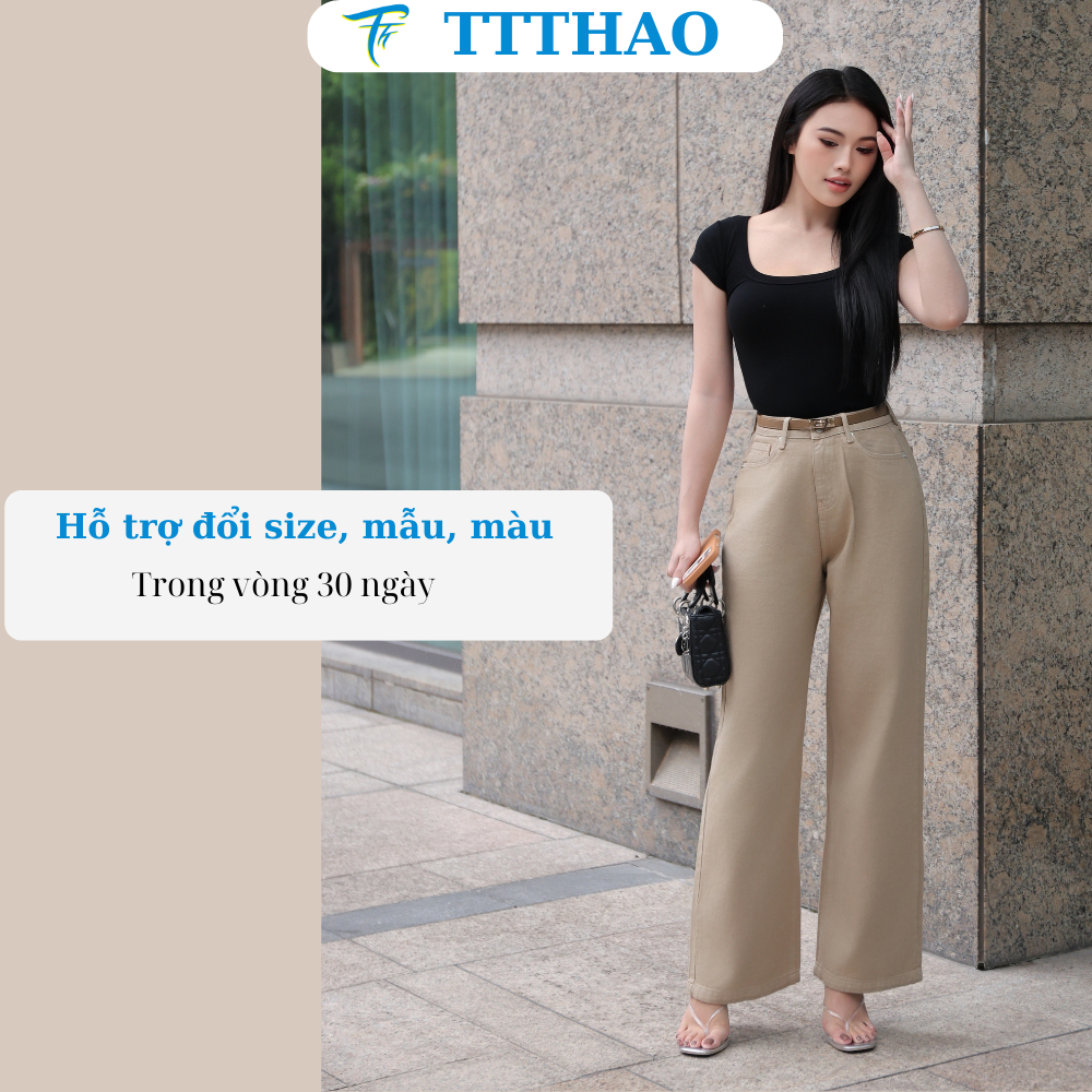 Quần jeans nữ TTTHAO ống rộng dài 102cm cao cấp  lưng cao 100% jeans cotton không co giãn J24