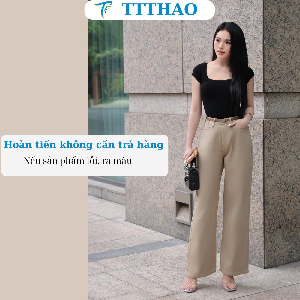 Quần jeans nữ TTTHAO ống rộng dài 102cm cao cấp  lưng cao 100% jeans cotton không co giãn J24