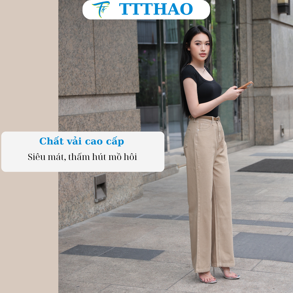 Quần jeans nữ TTTHAO ống rộng dài 102cm cao cấp  lưng cao 100% jeans cotton không co giãn J24