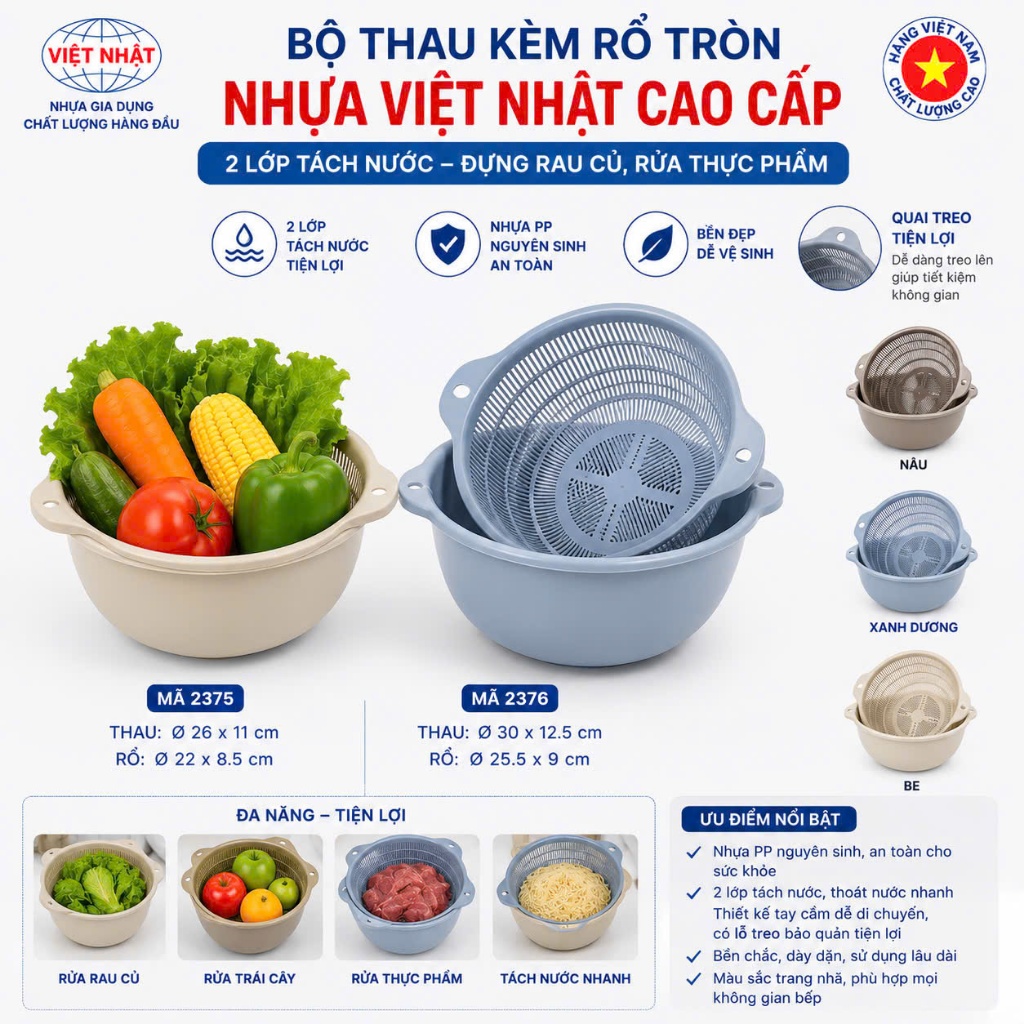 Bộ thau rổ tròn HOKORI nhựa VIỆT NHẬT cao cấp 2375 2376 - Thau rổ 2 lớp tách nước, đựng rau, rửa thực phẩm