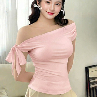 Áo thun nữ trễ vai LYNLUX ôm body thiết kế thắt nơ vai chất cotton mịn LUX015