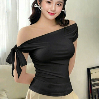 Áo thun nữ trễ vai LYNLUX ôm body thiết kế thắt nơ vai chất cotton mịn LUX015