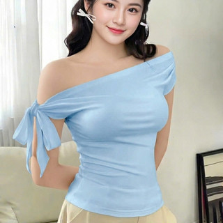 Áo thun nữ trễ vai LYNLUX ôm body thiết kế thắt nơ vai chất cotton mịn LUX015