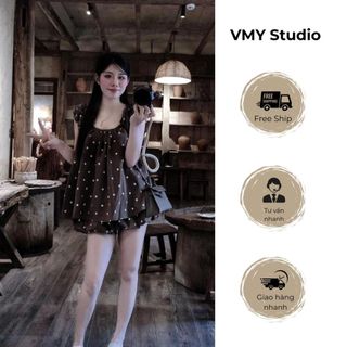 VMY Studio - Set đồ bộ nữ chấm bi mềm mại siêu xinh, set nữ chấm bi tiểu thư xinh xắn trẻ trung nữ