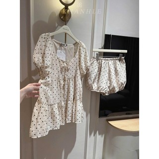 MIMI CLOTHING - Set bộ mặc nhà chấm bi kem áo babydoll tay phồng kèm quần short
