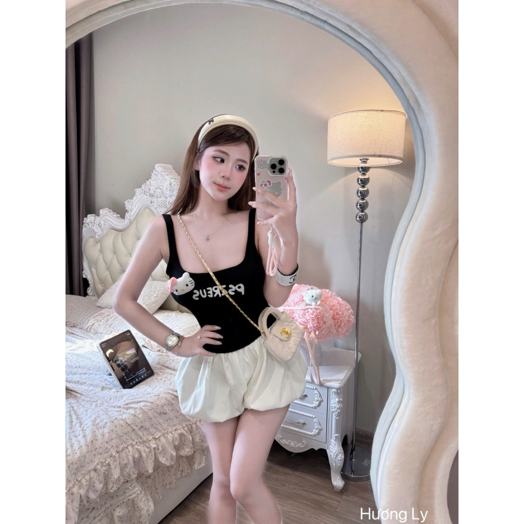 Set áo ba lỗ tăm chất mỏng mát mix quần bí phồng