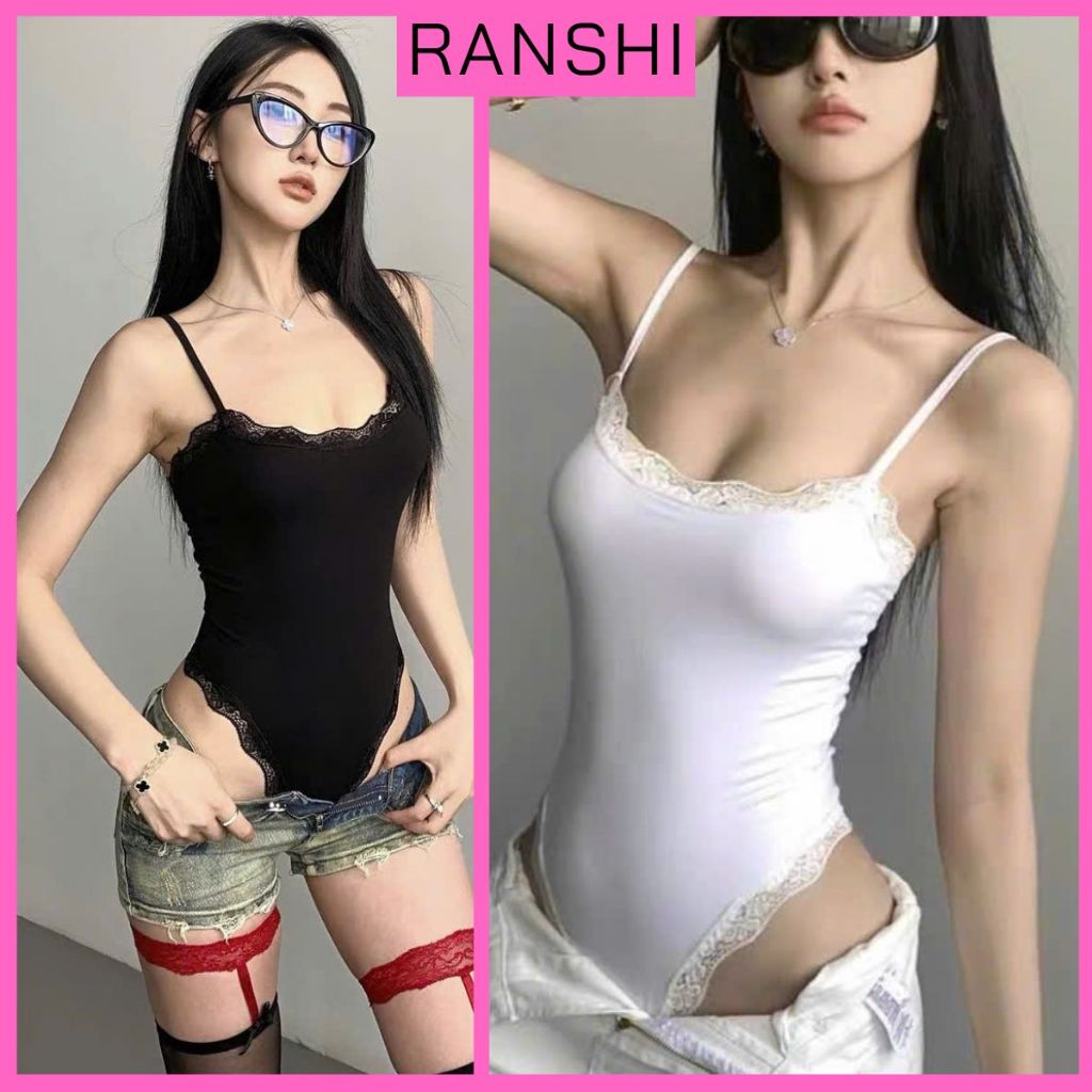 [CÓ MÚT] Áo Bodysuit Hai Dây Phối Viền Ren Ôm Body Cá Tính RANSHI Sexy Chất Cotton Mềm Mát - RBS051
