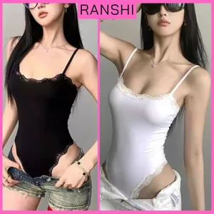 Áo Bodysuit Hai Dây Phối Viền Ren Ôm Body Cá Tính RANSHI Sexy Chất Cotton Mềm Mát - RBS051