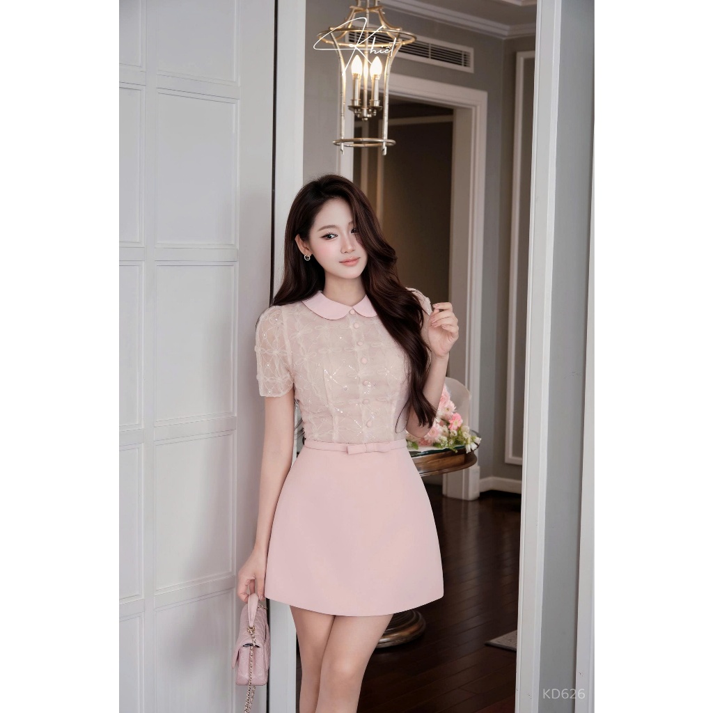 Đầm ren hoa kim sa hồng Khiết cổ peter pan dáng ngắn tiểu thư Khiết KD626