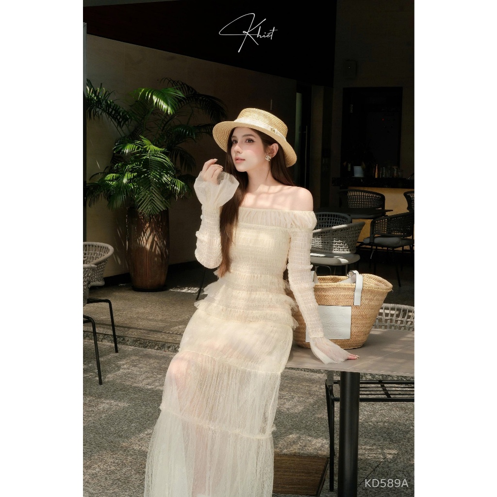 Đầm dài Khiết trễ vai lưới hoa nhí hồng pastel phong cách dịu dàng nữ tính KD589 KD589A