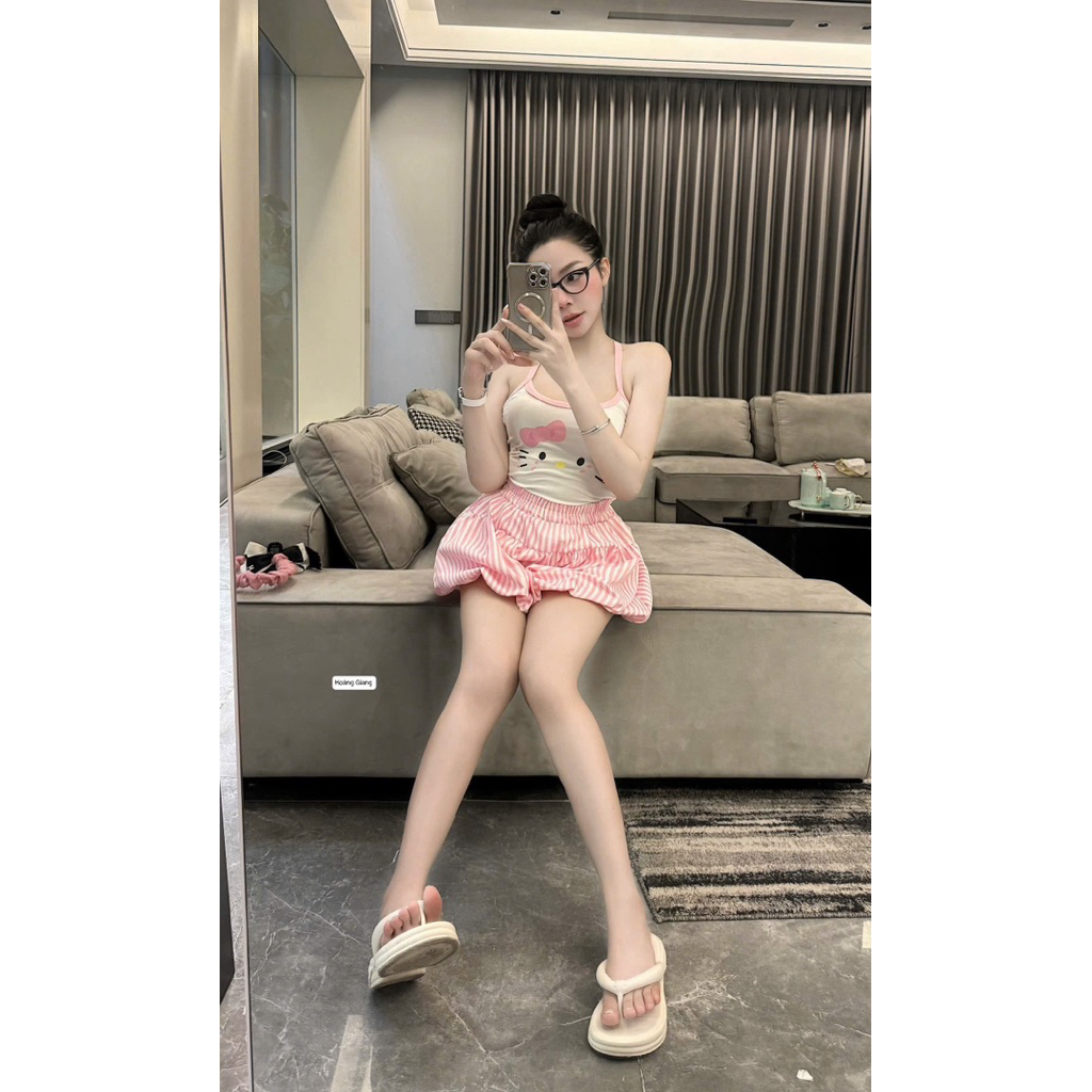 Set áo yếm in hình kute mix quần bom kẻ xinh xỉu