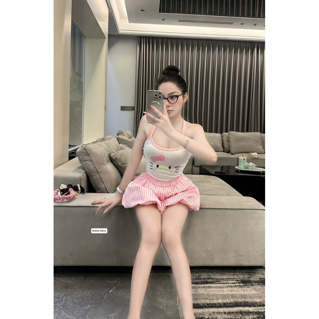 Set áo yếm in hình kute mix quần bom kẻ xinh xỉu