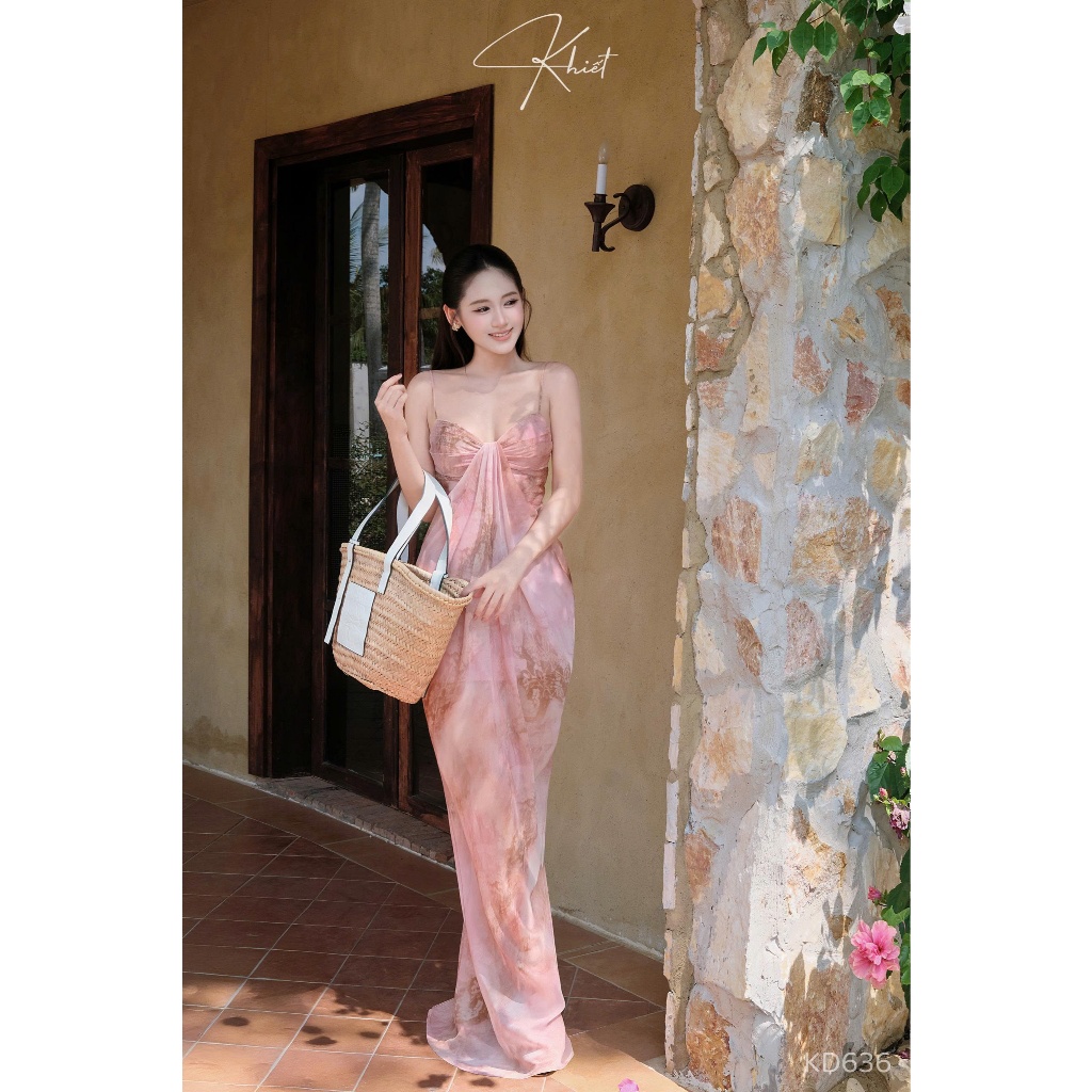 Đầm maxi tơ hồng loang Khiết mềm mại phối draping bay bổng nữ tính KD636