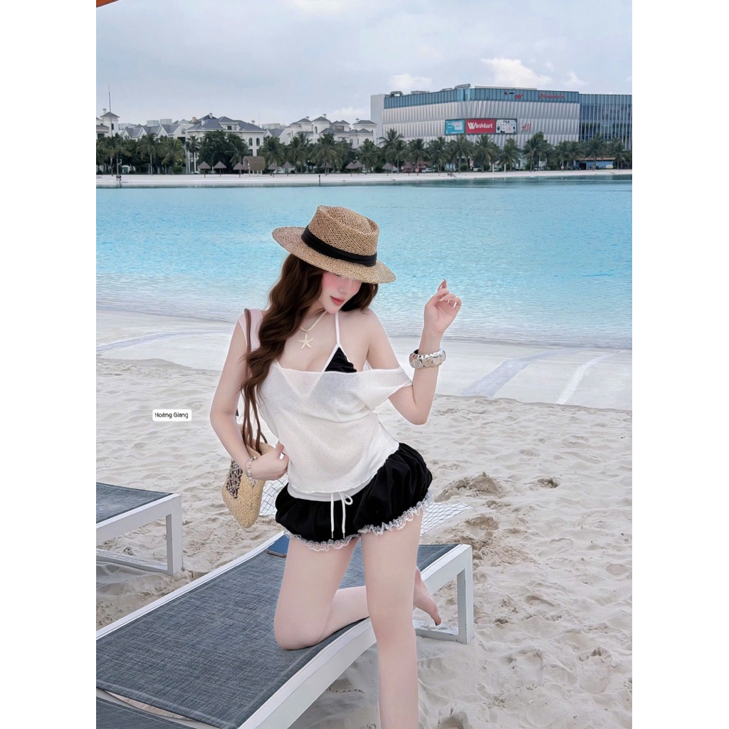 Set áo yếm bra kèm áo ngoài quần bồng đi biển
