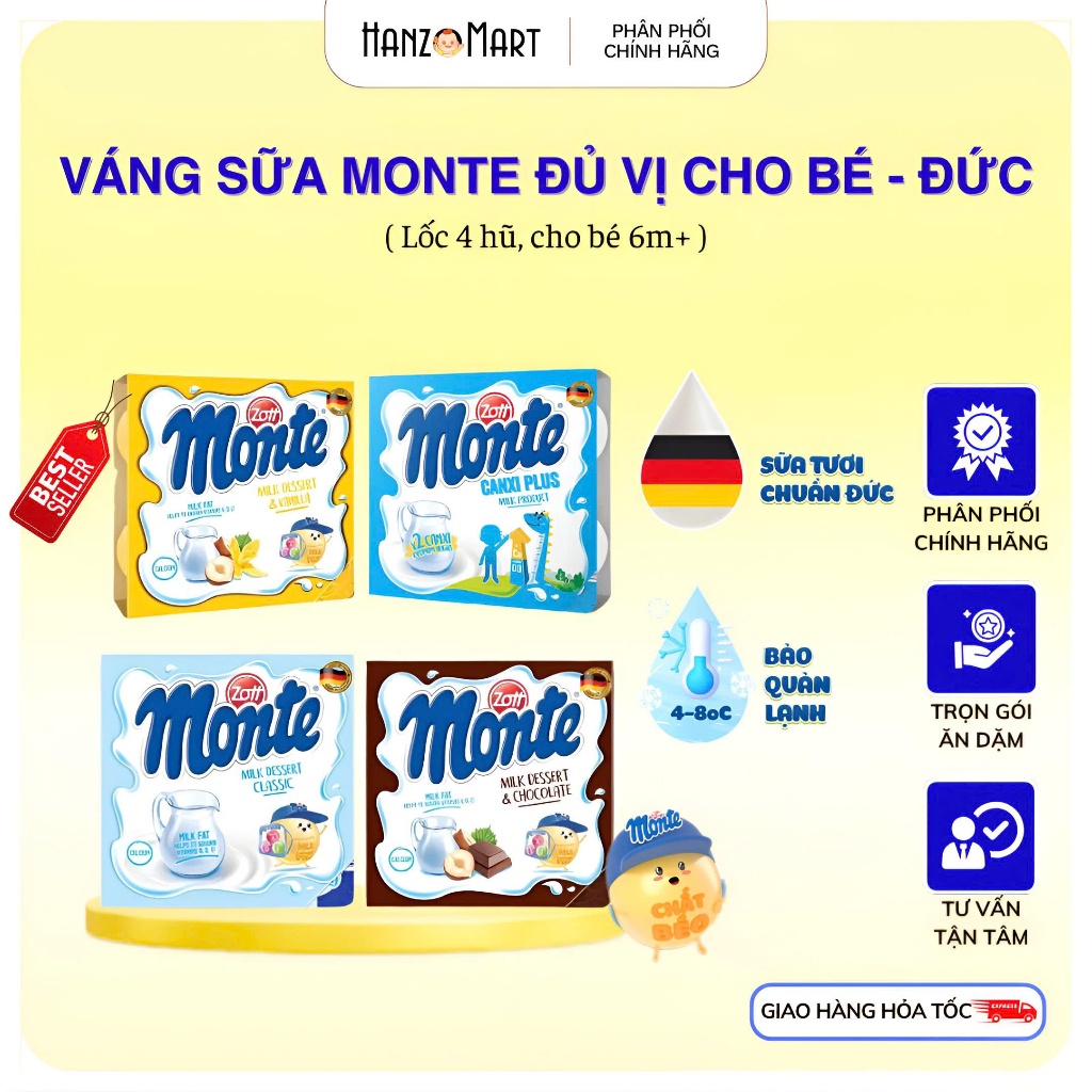Váng sữa Monte hương vani - socola - 55g x 4 hộp [Date mới nhất]