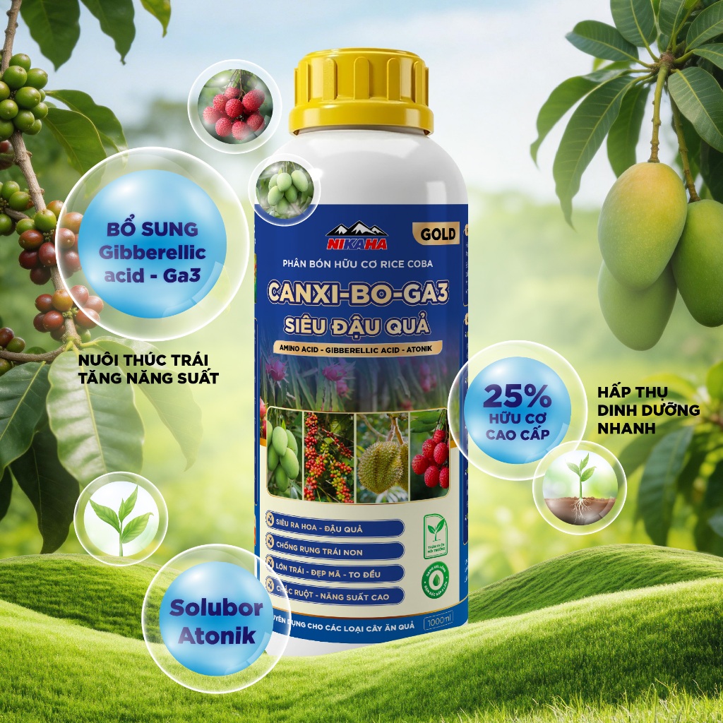 NIKAHA - Phân bón hữu cơ Canxi - Bo - Ga3, Siêu Đậu Trái, Tăng Thụ Phấn, To quả, Đẹp Màu - 1000ml