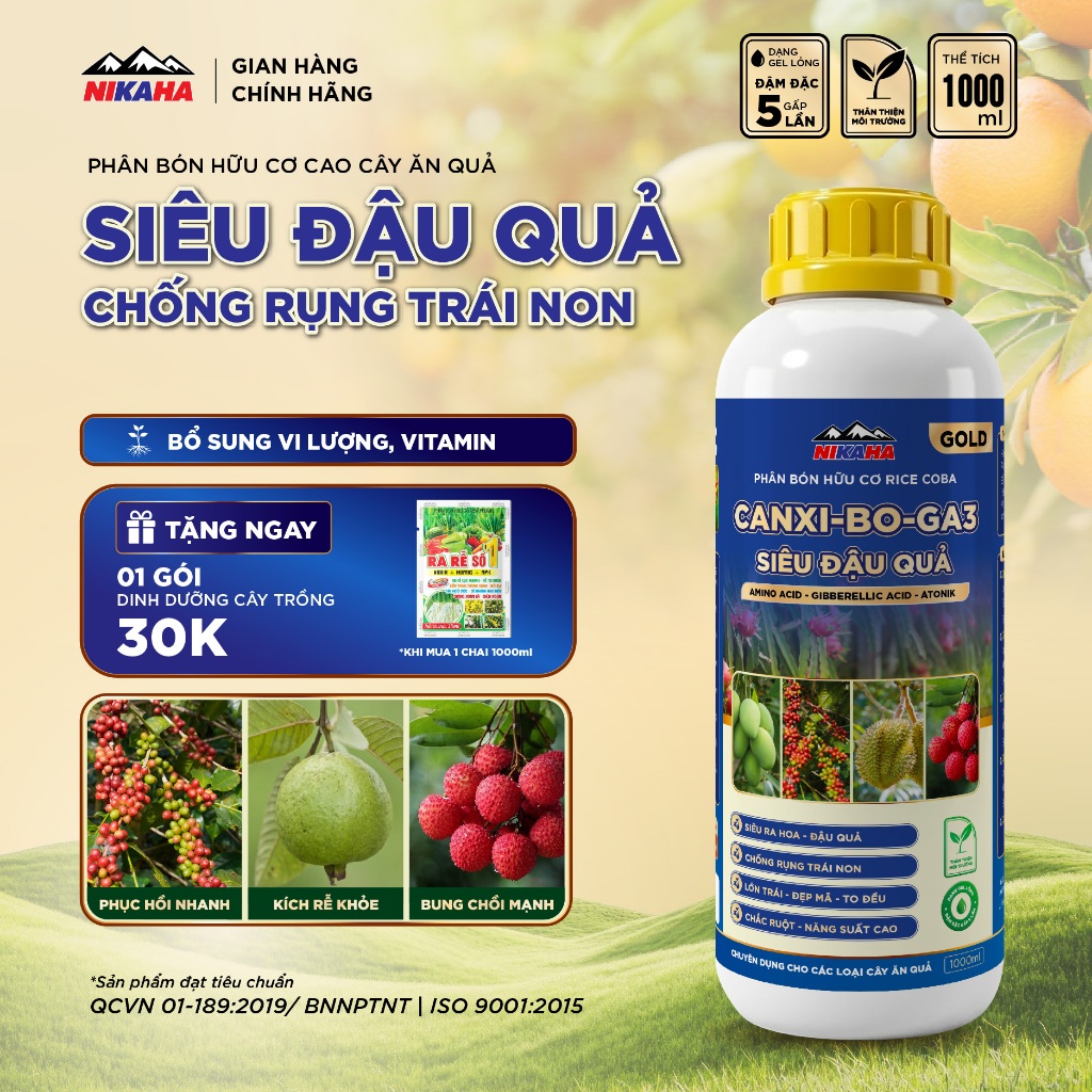 NIKAHA - Phân bón hữu cơ Canxi - Bo - Ga3, Siêu Đậu Trái, Tăng Thụ Phấn, To quả, Đẹp Màu - 1000ml