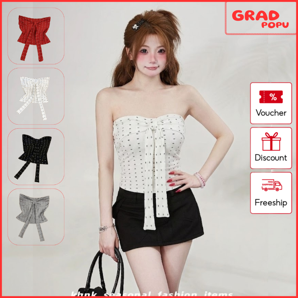 Áo quây nữ GRADPOPU buộc nơ trước chấm bi, áo ống nữ croptop sexy co giãn ôm body có mút ngực PB49