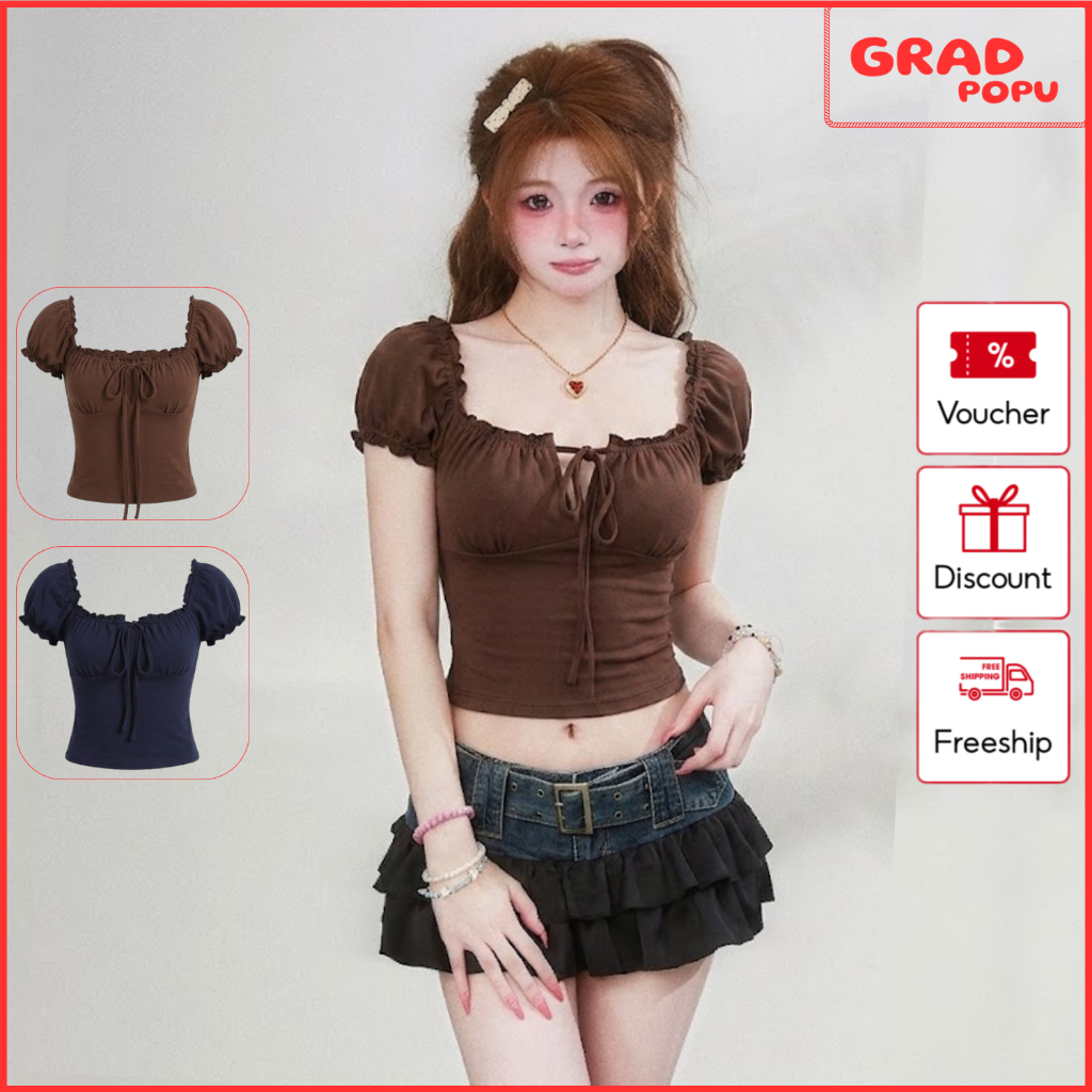 Áo thun nữ GRADPOPU tay phồng cổ vuông ôm body, áo trễ vai bo chun kèm dây rút ngực gợi cảm AN326