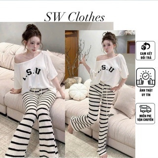 Set 2 món áo lệch vai trắng fom rộng + quần dài sọc ngang cá tính ( hàng chuẩn đẹp )