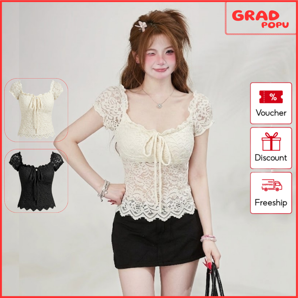 Áo ren nữ GRADPOPU tay phồng buộc nơ ngực có mút form ôm tôn dáng phong cách tiểu thư Hàn Quốc AN413