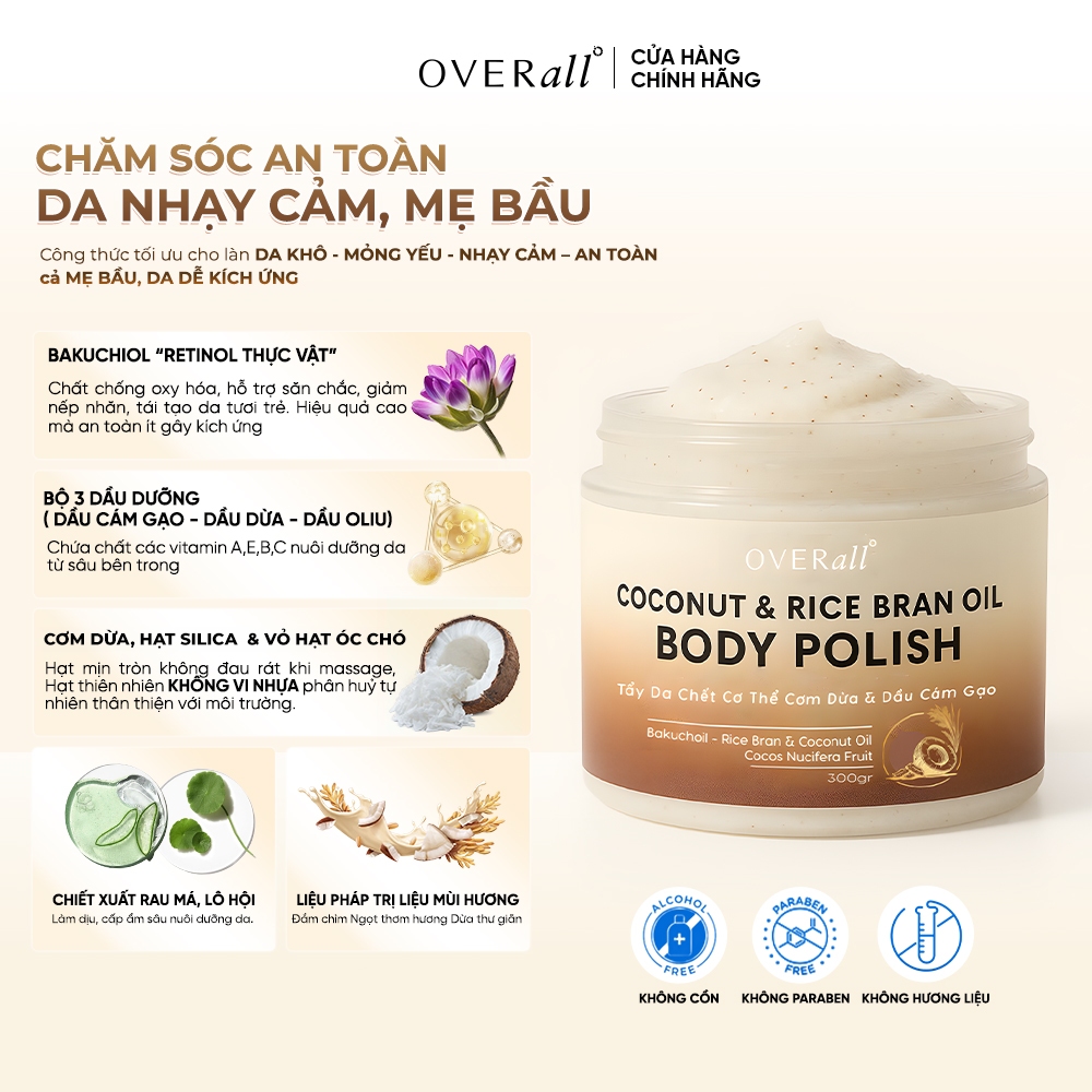 [OVR_03] Tẩy Da Chết Cơ Thể Cho Da Khô Nhạy cảm Dưỡng da Ẩm mịn Cơm Dừa & Dầu Cám Gạo OVERall 300G