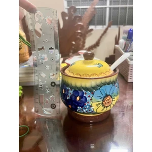 Hũ mỡ 600ml Họa Tiết Dạ Yến Vàng Mix Xanh Dương Vẽ Tay + thìa