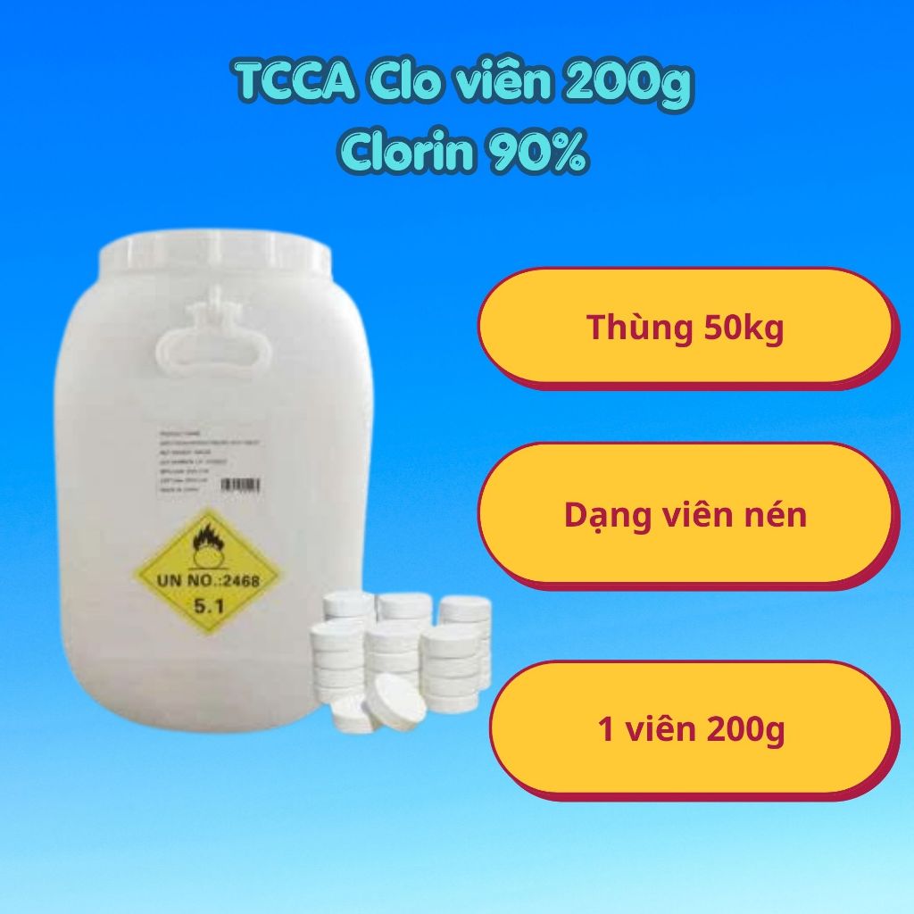 50Kg Clo viên 200g Xử Lý Nước, TCCA 90% Viên 200g, Clo diệt rêu tảo, Clo bể bơi