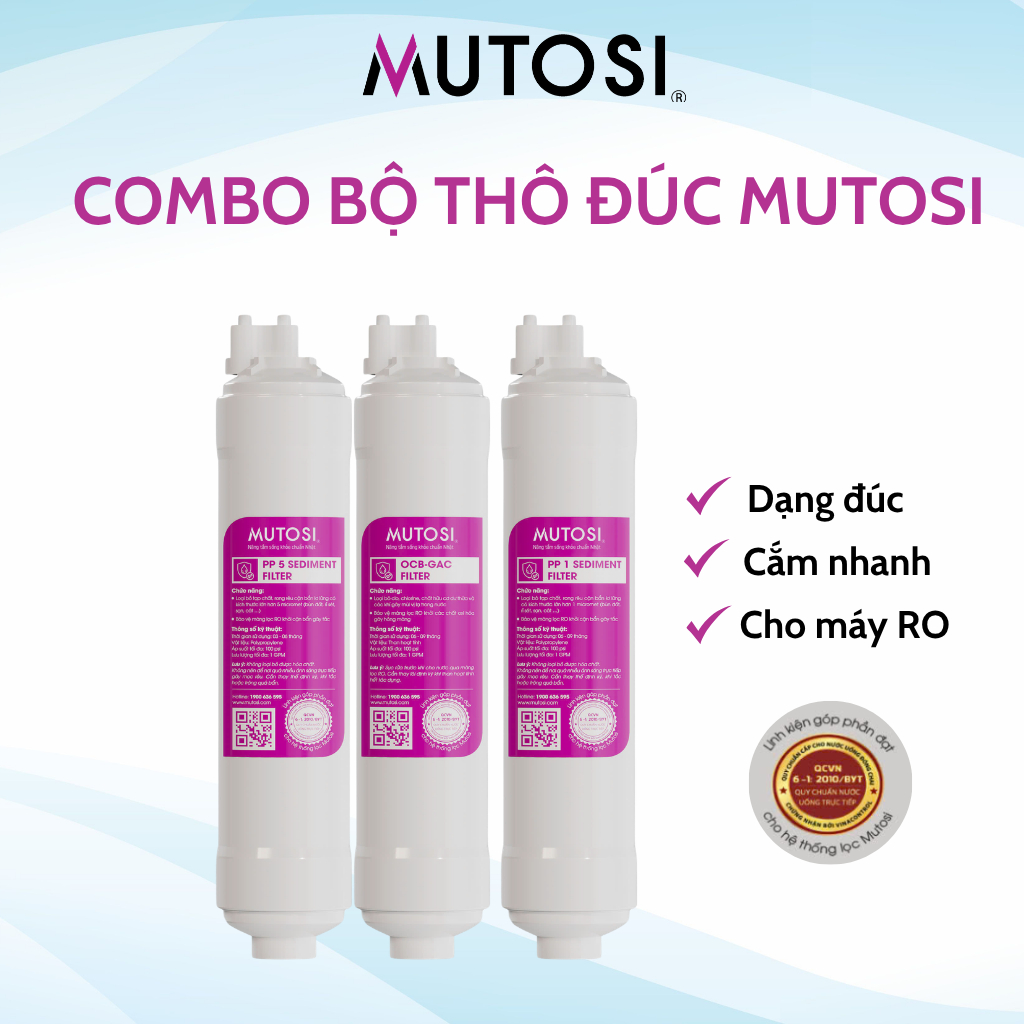 Bộ lõi lọc nước 123 MUTOSI Dạng đúc nối nhanh Loại bỏ cặn bẩn cho máy lọc RO - Hàng chính hãng
