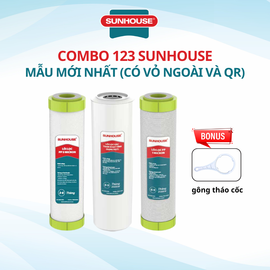 Combo 3 Lõi Lọc Thô 123 Sunhouse Dùng Cho Máy Lọc Nước RO Có 3 Cốc Lọc 10 Inch - Hàng Chính Hãng
