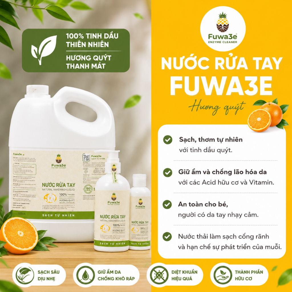 Nước rửa tay hữu cơ Fuwa3e tinh dầu quýt từ chế phẩm Enzyme sinh học an toàn cho mọi loại da 3.8l