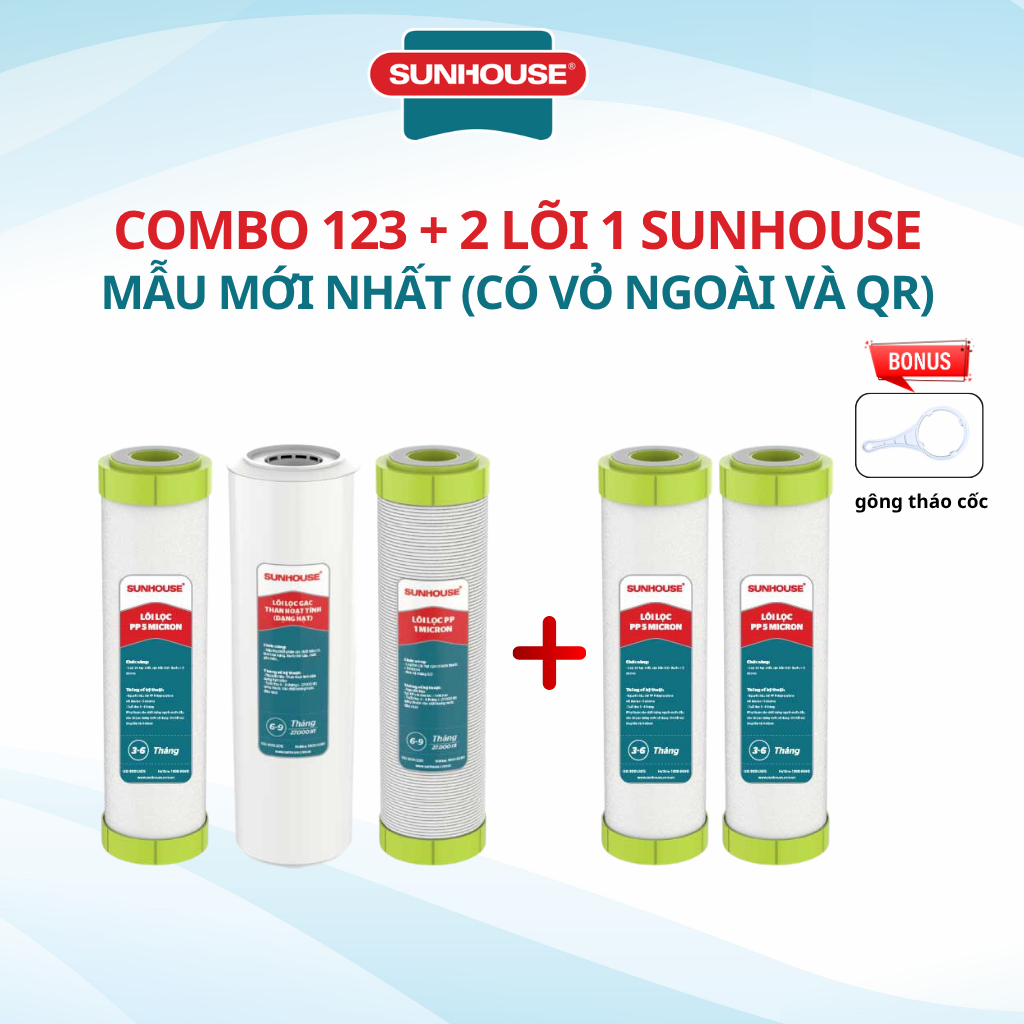 Bộ 5 lõi lọc nước Sunhouse chính hãng ( Bộ lõi thô 1,2,3 và 2 lõi 1) dùng cho máy lọc nước Sunhouse