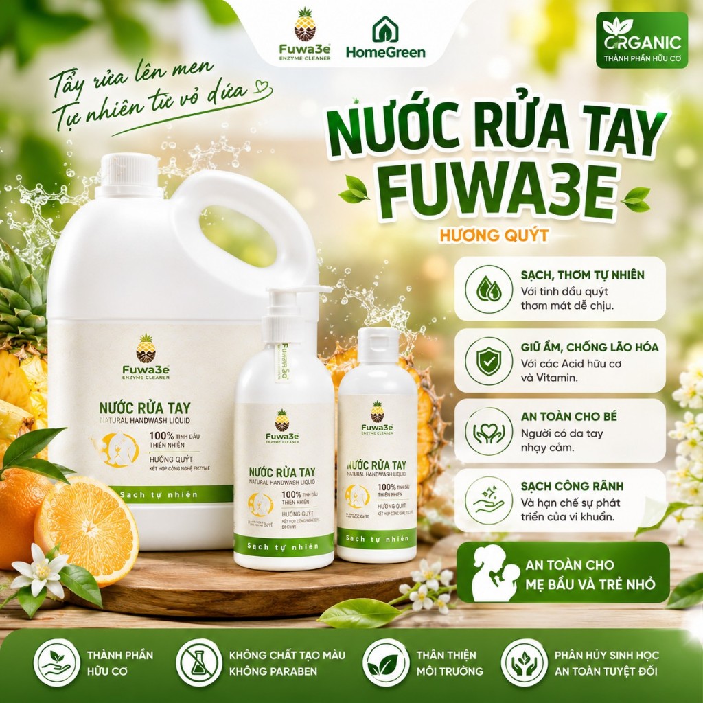 Nước rửa tay hữu cơ Fuwa3e tinh dầu quýt từ chế phẩm Enzyme sinh học an toàn cho mọi loại da 3.8l