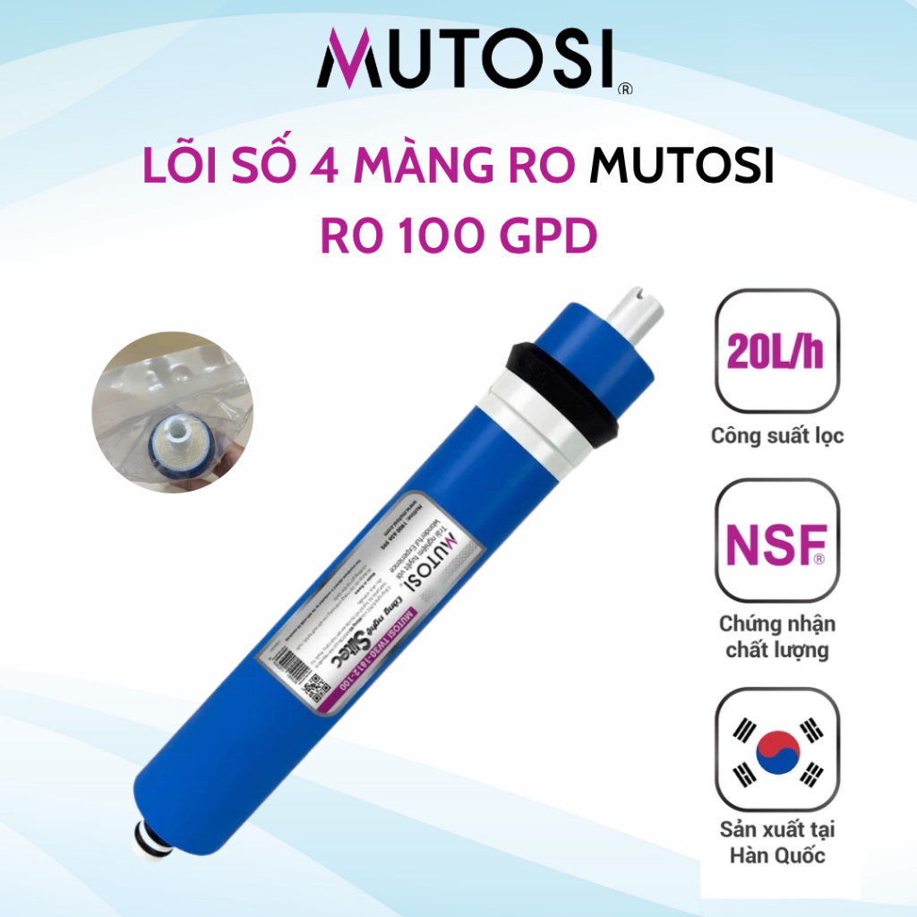 Loại Lọc Nước Số 4 Màng RO Mutosi Loại 100GPD Giúp Loại Bỏ Vi Khuẩn Đến 99,99% Và Các Chất Hữu Cơ, Chất Rắn Hòa Tan,..