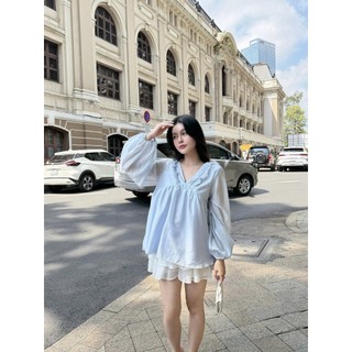 Áo Babydoll Nữ ERROPS Cổ V Phối Bèo Mùa Hè Dễ Thương GOÛT DE JUN