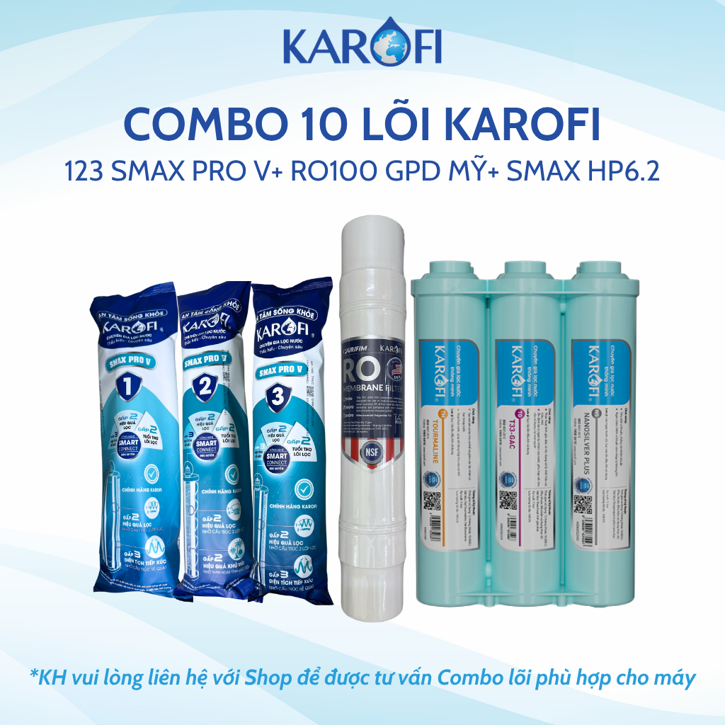 Bộ 10 Lõi Lọc Nước Karofi Dùng 123 Smax Pro V, RO Mỹ, HP 6.2 Dùng Model KAQ-U98, KAD-L56, KAD-X56, KAD-M59