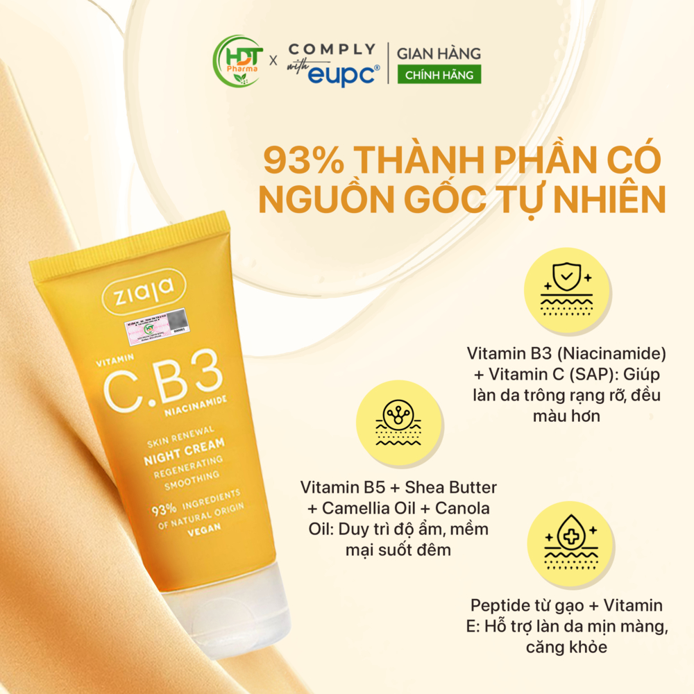 Kem Đêm Trắng Sáng Da Ziaja Vitamin C.B3 Niacinamide Dưỡng Ẩm Đều Màu Da Ngăn Ngừa Lão Hóa 50ml