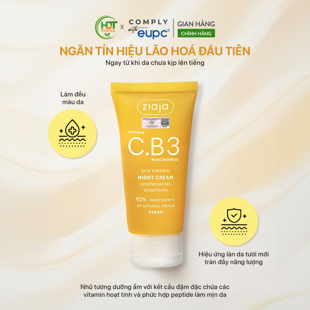 Kem Đêm Trắng Sáng Da Ziaja Vitamin C.B3 Niacinamide Dưỡng Ẩm Đều Màu Da Ngăn Ngừa Lão Hóa 50ml
