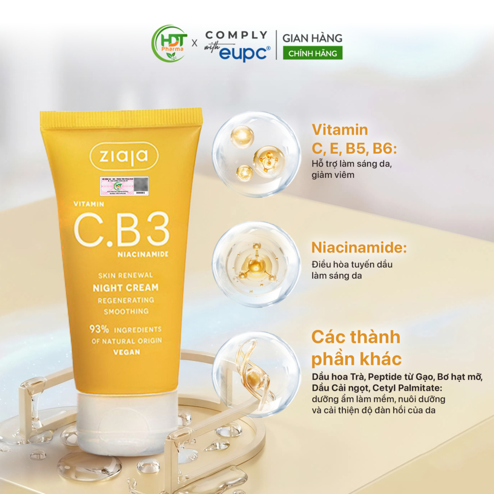 Kem Đêm Trắng Sáng Da Ziaja Vitamin C.B3 Niacinamide Dưỡng Ẩm Đều Màu Da Ngăn Ngừa Lão Hóa 50ml