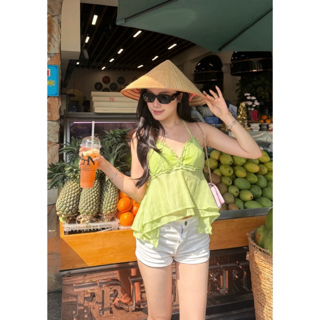 Áo A3 Cổ Yếm Hai Dây Xẻ Ngực Hở Lưng Có Mút Ngực Mùa Hè Đi Biển - Tiệm Của Quít