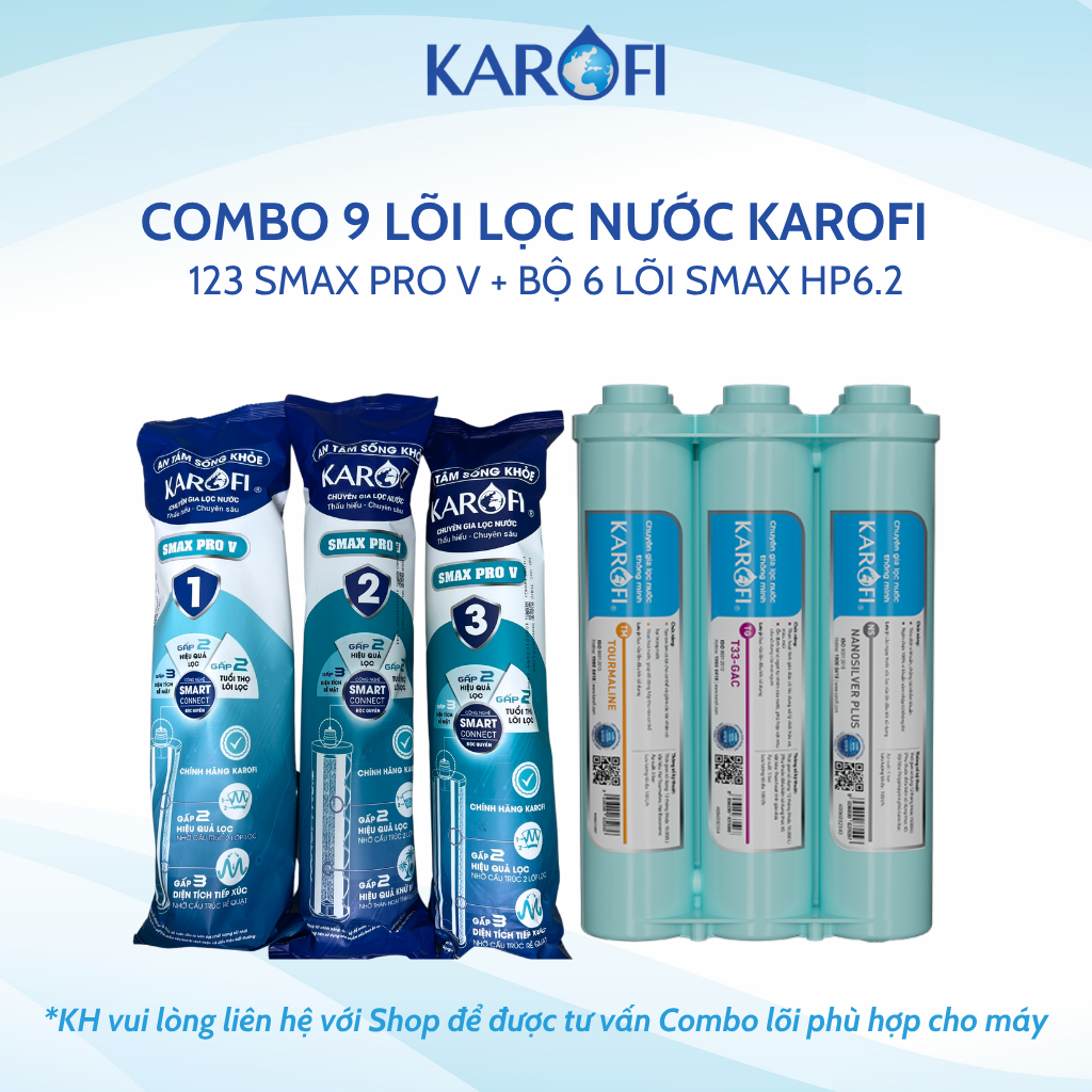 Combo Bộ Smax HP 6.2 Và Lõi Lọc Thô 123 Karofi Dòng Livotec, Smax Pro, Smax Pro V Mới - Hàng Chính Hãng