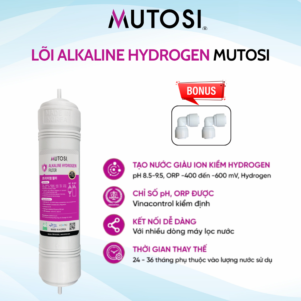 Lõi Lọc ION Kiềm MUTOSI Hydrogen (Hàn Quốc) - Hàng chính hãng, Bổ Sung Hydrogen H2, HO-, Cân Bằng HP