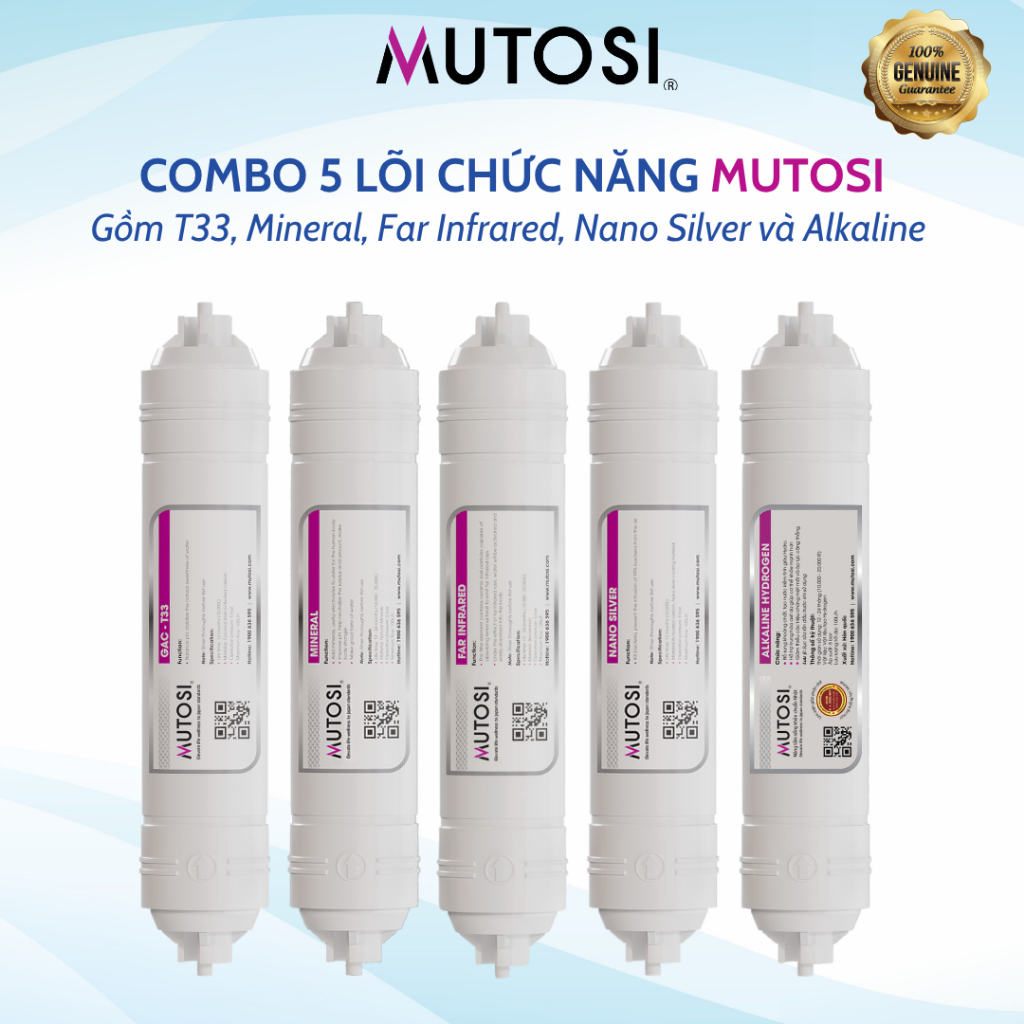 Combo 5 lõi lọc chức năng Mutosi chính hãng gồm T33, Mineral, Far Infrared, Nano Silver và Alkaline