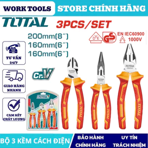 Kềm cách điện TOTAL 1000V, thép CR-V cao cấp, cách điện an toàn, dùng cho thợ điện – công trình – sửa chữa DNTT