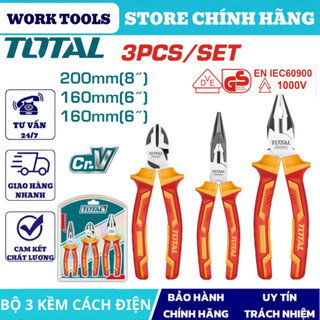 Kềm cách điện TOTAL 1000V, thép CR-V cao cấp, cách điện an toàn, dùng cho thợ điện – công trình – sửa chữa DNTT