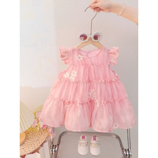 Váy chữ A dáng babydoll xòe tầng thời trang bé gái mùa hè tơ thêu hoa xinh xắn D1339 Bí Ngô Nhỏ