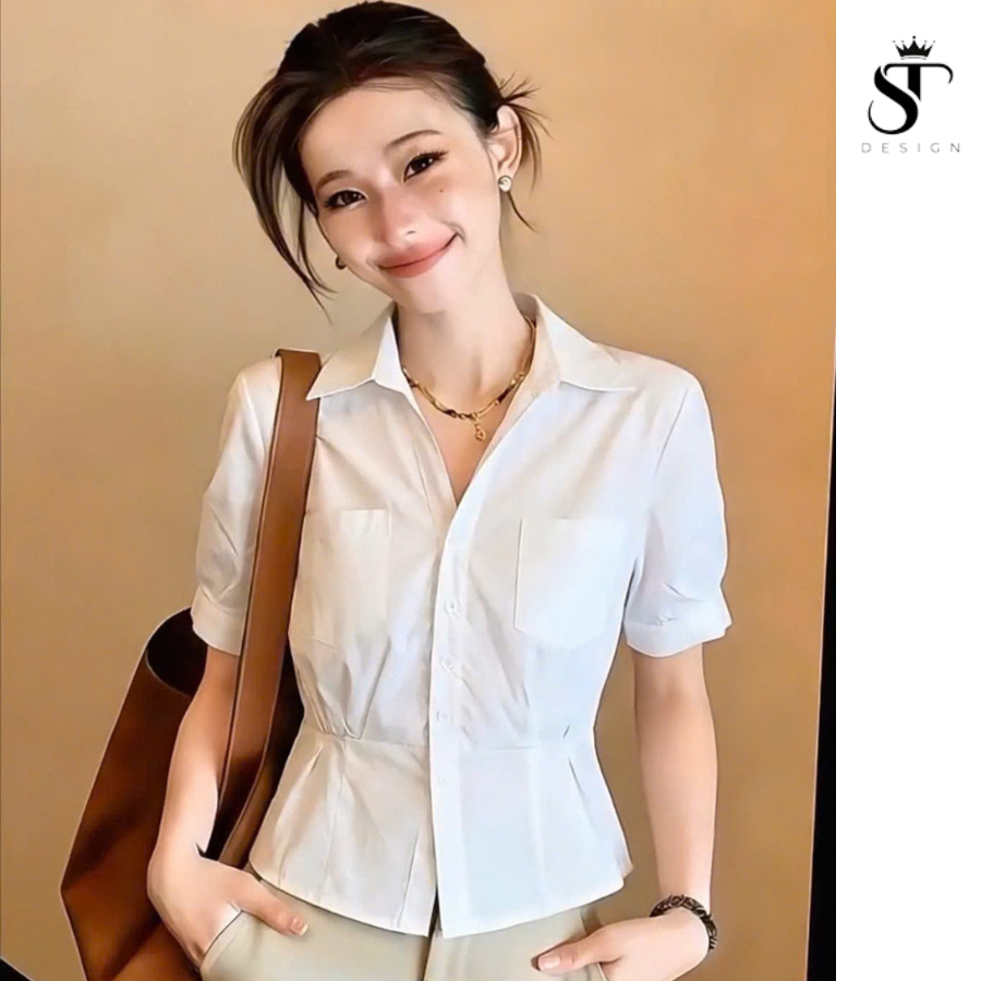 Áo sơ mi Thô Nhật nhún eo phối 2 túi dáng crotop - ST Design - 75