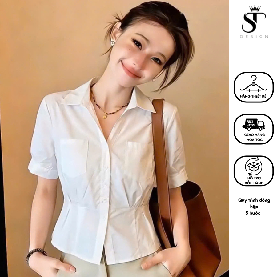 Áo sơ mi Thô Nhật nhún eo phối 2 túi dáng crotop - ST Design - 75