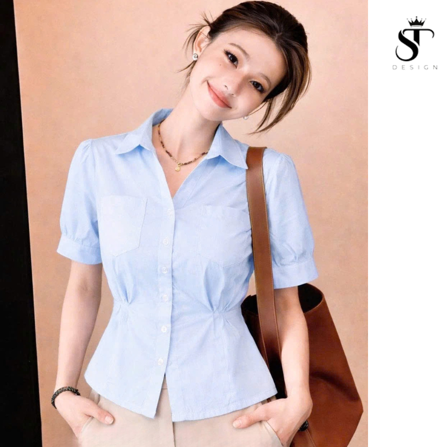 Áo sơ mi Thô Nhật nhún eo phối 2 túi dáng crotop - ST Design - 75