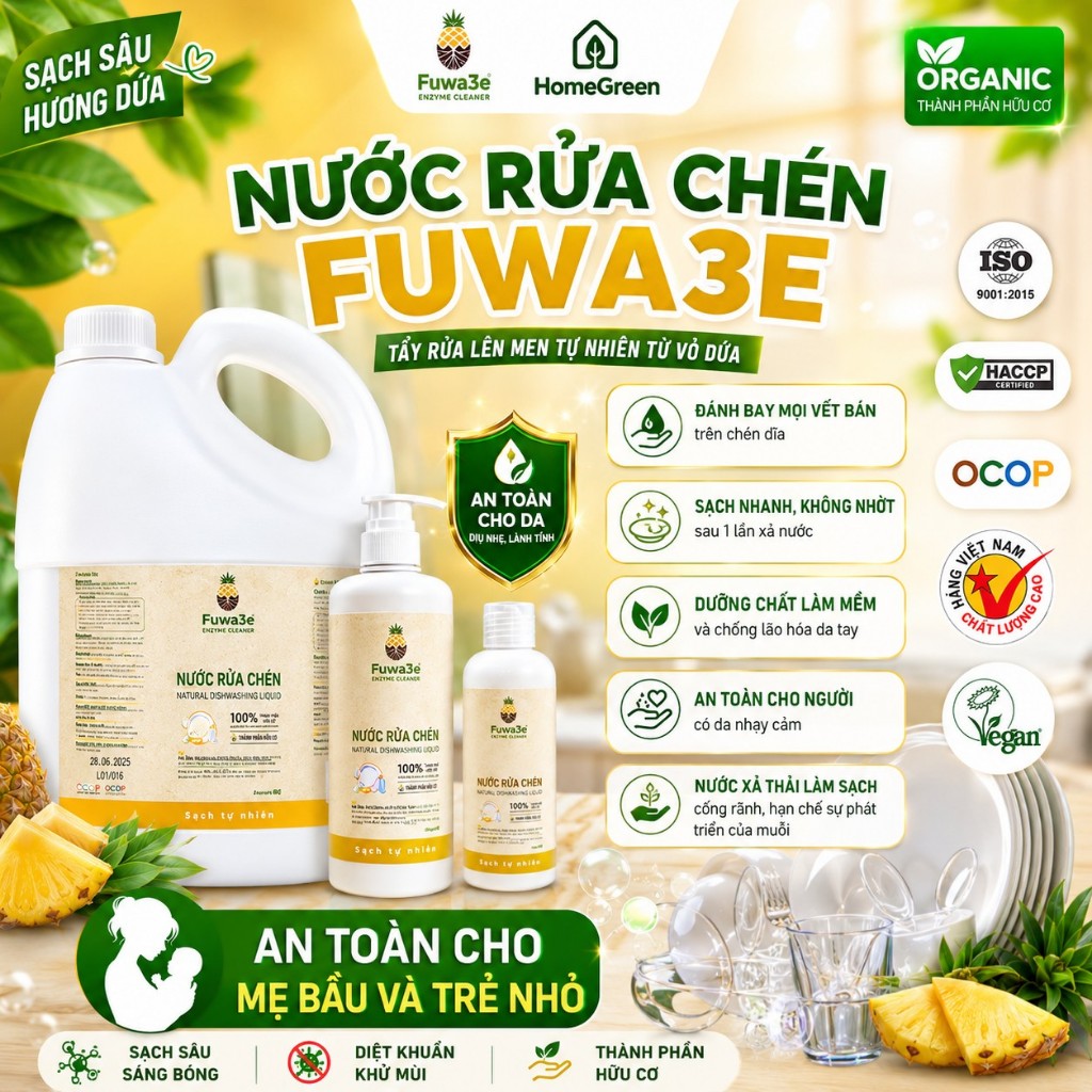 Nước rửa chén sinh học Fuwa3e 3.8l lên men tự nhiên từ vỏ dứa dịu lành cho da tay an toàn cho cả gia đình